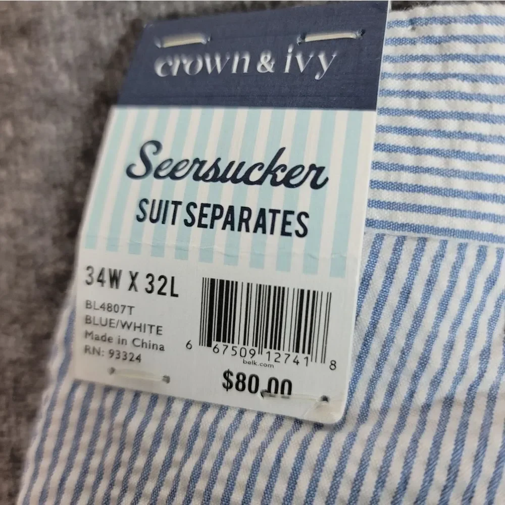 Crown & Ivy Seersucker Mens Modern Fit Pant Size 34W × 32L Blue White Striped
